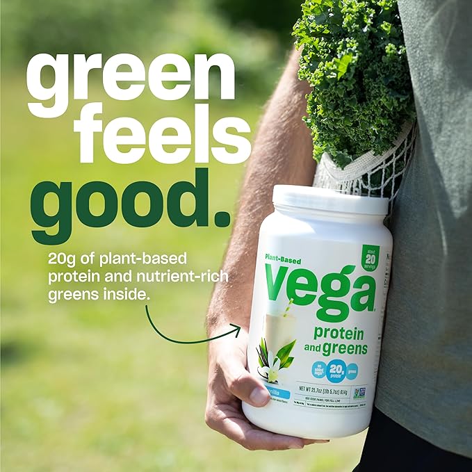 Vega Protein and Greens Protein Powder, Vanilla - 20g Plant Based Protein Plus Veggies, Vegan, Non GMO, Pea Protein for Women and Men, 21.7 Ounce (Packaging May Vary) (Pack of 1)