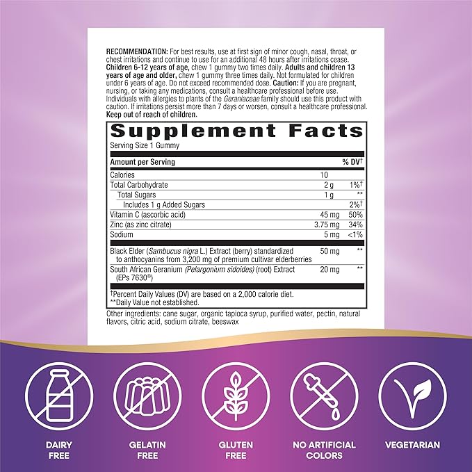 Nature's Way Sambucus Cough Relief +(1) Immune* Elderberry Gummy, Clinically Proven South African Geranium Root Extract(1), Elderberry Extract, Vitamin C & Zinc, 36 Gummies (Packaging May Vary)