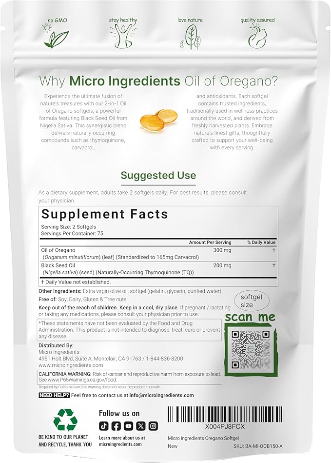 Micro Ingredients Oil of Oregano Softgels, 150 Count | 2 in 1 Formulated with Black Seed Oil | 4X Strength Carvacrol & Thymoquinone | Plant Based, Non-GMO