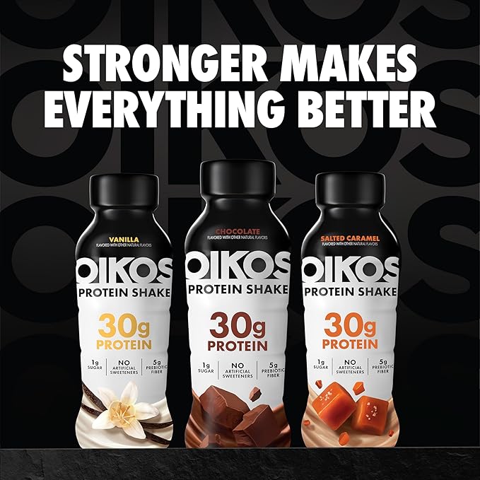 Oikos Protein Shake, Chocolate, 30g High Protein Drinks, Shelf Stable, Ready to Drink, 5g Prebiotic Fiber, 12 fl oz Bottle, 4 Count