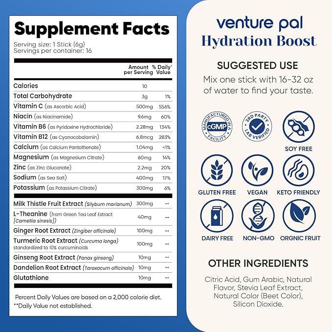 Venture Pal Hydration Packets + Liver Support- Liquid Daily IV Electrolyte Powder Packets with 7 Electrolytes & 5 Vitamins, Milk Thistle + L-Theanine | Sugar-Free | Keto Friendly | Vegan, 16 Sticks