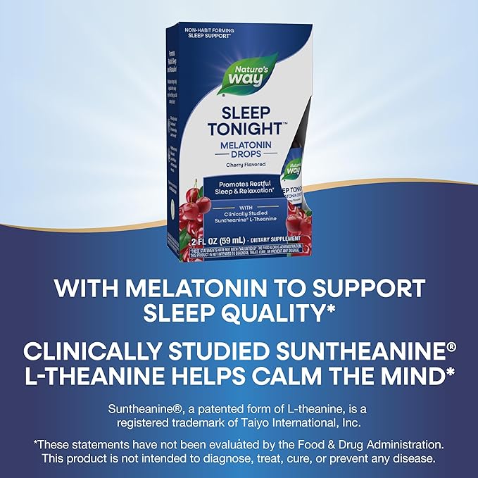 Nature's Way Sleep Tonight Melatonin Drops with L-Theanine, Non-Habit Forming Support*, 2 Oz, Cherry Flavor