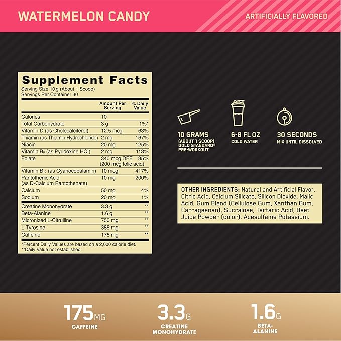 Optimum Nutrition Gold Standard Pre-Workout,Vitamin D for Immune Support,with Creatine,Beta-Alanine,and Caffeine for Energy,Keto Friendly,Watermelon Candy,30 Servings (Packaging May Vary),(Pack of 2)