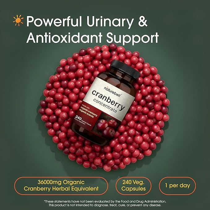 NatureBell Cranberry Concentrate - 240 Capsules - Organic Cranberry Concentrate with Acerola Cherry - Urinary Tract & Prostate Support* - Vegetarian