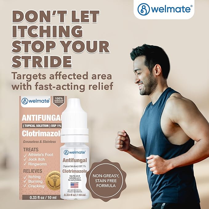 WELMATE Clotrimazole 1% Antifungal Topical Solution, 2 Pack 0.33 fl oz Each - Athlete's Foot, Jock Itch, Ringworm Treatment, Greaseless Non-Staining, Relieves Itchy Cracked Skin
