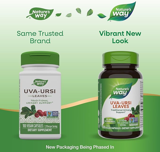 Nature's Way Uva Ursi Leaves, Traditional Urinary Support*, 1,110 mg per 3-Capsule Serving, Non-GMO Project Verified, Herbal Dietary Supplement, 100 Vegan Capsules (Packaging May Vary) - 2 Pack