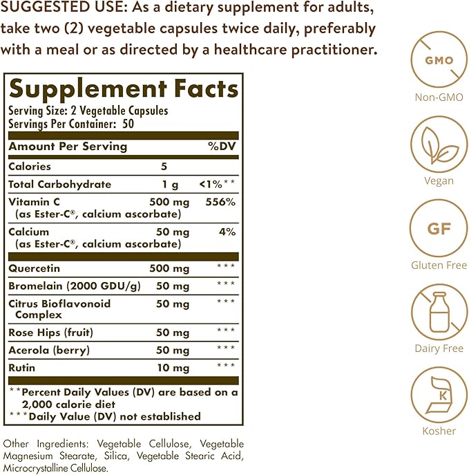 Solgar Quercetin Complex with Ester-C Plus, 100 Vegetable Capsules - Supports Immune Health, Antioxidant - Gentle on The Stomach Vitamin C - Non-GMO, Vegan, Gluten/Dairy Free - 50 Servings