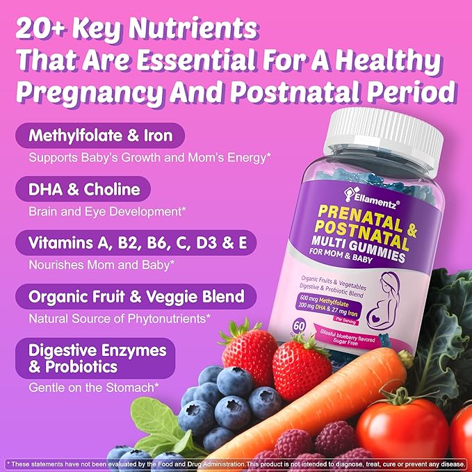 Prenatal Vitamins for Women with Methylfolate, Vegan Omega-3 DHA, Organic Food Blend, Probiotics, Iron, Vitamin D3 B6 B12, Choline, Sugar Free Multivitamin for Women During & Post Pregnancy, 60 Cts