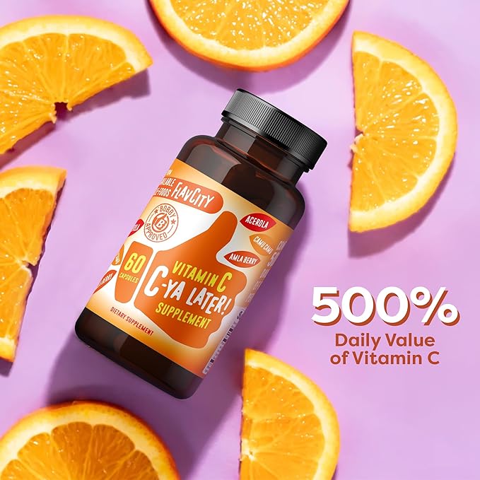 FlavCity Vitamin C Supplement, C-Ya Later! Superfood-Derived Immunity Support - Bioavailable Vitamin C Immune Support from Acerola Cherry, Rose Hips & Camu Camu - 500% Daily Value (60 Capsules)