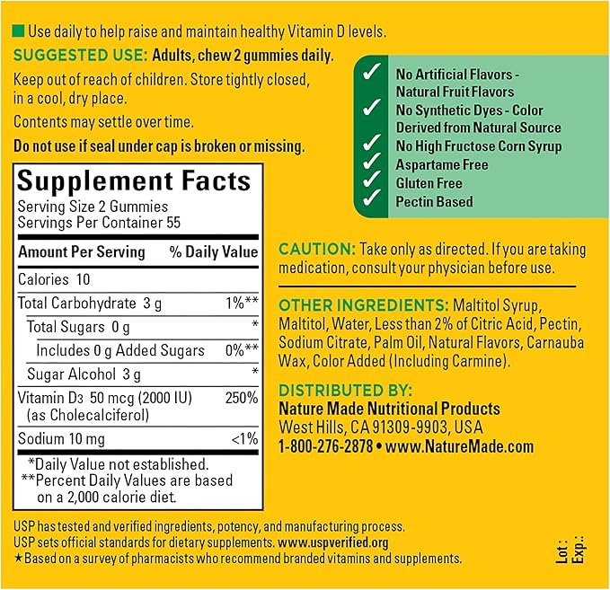 Nature Made Zero Sugar Vitamin D3 Gummies 2000 IU (50 mcg) Per Serving, Bone & Immune Support, Aspartame Free, 110 Vitamin D Gummies, 55 Day Supply, (Pack of 2)