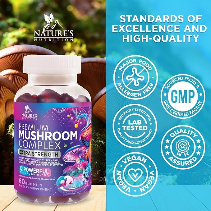 Mushroom Gummies Supplement 12 in 1 - High Grade Blend for Adults with Lions Mane, Reishi, Cordyceps, & Chaga Mushroom Complex Gummy, Memory & Immune Support & Nootropic Brain Supplements - 60 Gummies