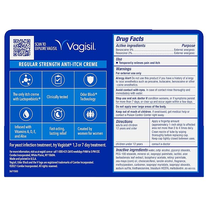 Vagisil Regular Strength Anti-Itch Feminine Cream for Women, Gynecologist Tested, Hypoallergenic, Fast-acting and Long-lasting Itch Relief, Vaginal Moisturizer Soothes and Cools, 1 oz (Pack of 2)