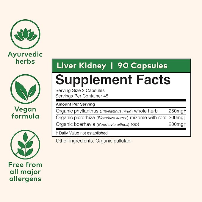 ORGANIC INDIA Liver Kidney Herbal Supplement - Detoxify & Rejuvenate, Supports Healthy Liver & Kidney Function, Vegan, Gluten-Free, Kosher, USDA Certified Organic, Non-GMO - 90 Capsules