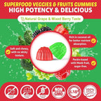 Super Greens Gummies, Daily Green Superfood Supplement w/Spirulina, Chlorella, Mushrooms, Probiotics, Multivitamins, 50+ Super Greens & Veggies Gummies to Boost Immunity, Energy & Gut Health, 120cts