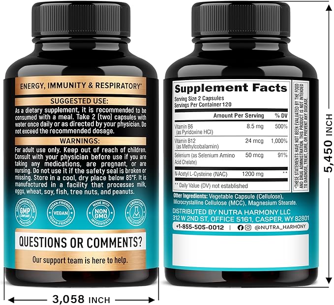 NAC Supplement | Selenium | B6 | B12 - Antioxidant, Immune Support - N Acetyl Cysteine 600 mg per Capsule, 1200 mg per Serving - Made in USA - Non-GMO, Gluten-Free, Vegan - 240 Caps, 4 Month Supply