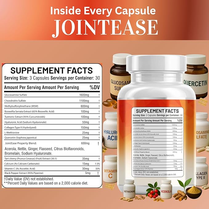 Glucosamine Chondroitin MSM Supplement – with Hyaluronic Acid, Collagen, Boswellia, Turmeric, Quercetin & Flaxseed – Joint Support Complex for Mobility & Flexibility for Men & Women – 90 ct