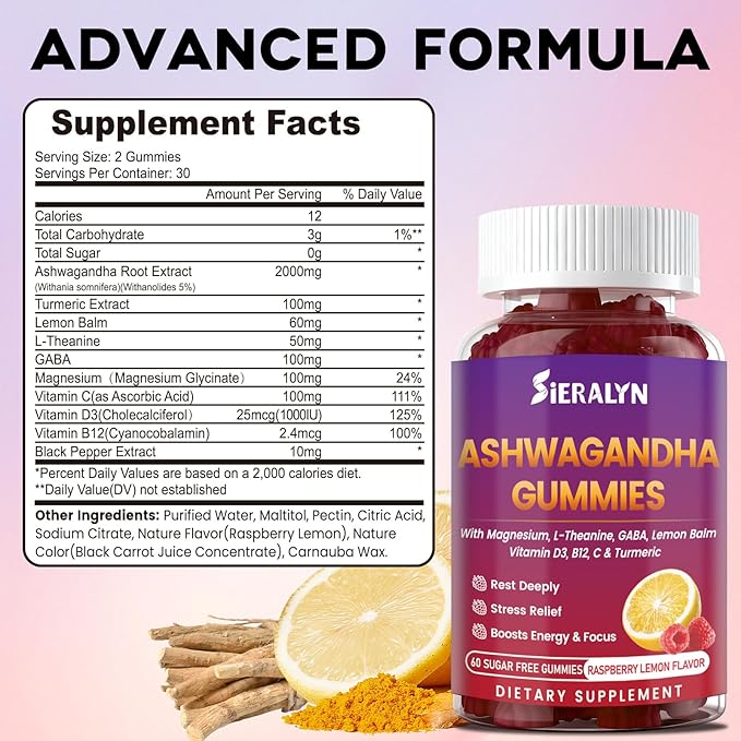 Ashwagandha Gummies 2000mg, Ashwagandha Supplements for Women Men with L-Theanine, GABA, Magnesium, Vitamins – Stress Relief, Immune & Mood Support, Sugar-Free, Vegan, Non-GMO, 60 Count