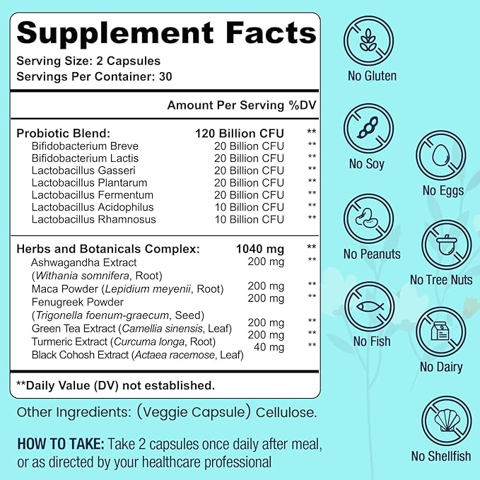 120 Billion CFU Probiotic - Menopause Support Probiotics for Women, Natural Menopause Probiotic Supplement for Hot Flashes Night Sweats Mood Swings Hormone Balance Gut & Immune Health- 120 Caps