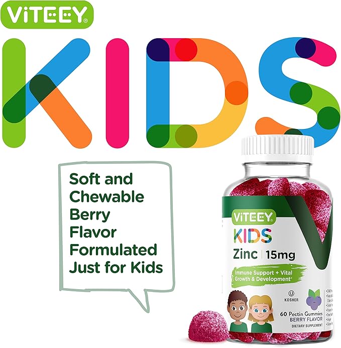 Viteey Zinc for Kids Gummies, 15mg - Immune Support - Powerful Natural Antioxidant, Kids Zinc Vitamin Supplement - Vegan, Gelatin Free, Gluten Free - Tasty Chewable Berry Flavor Gummy