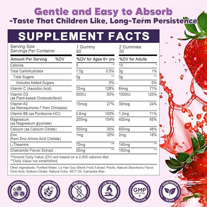 Magnesium Gummies for Kids & Adults - 400/200mg Magnesium Glycinate with L-Theanine, Chamomile, D3 & K2, Kids Sleep Gummies Melatonin Free, for Zzz & Relax, Cognition - Sugar Free, 60 C