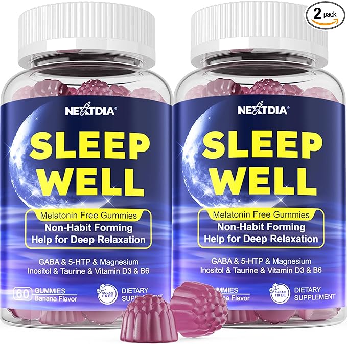 Nextdia Melatonin Free Sleep Gummies with Magnesium Glycinate, GABA, 5-HTP, L-Theanine, Valerian, Chamomile, Lemon Balm, Vitamin D3 & B6 - Hormone & Drug- Free, Non-Habit Forming,2 Pack