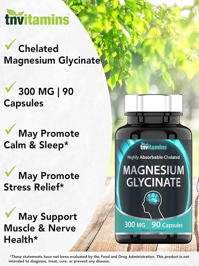 tnvitamins Magnesium Glycinate 300mg, 90 Capsules | High Absorption Chelated Magnesium for Sleep, Calm & Muscle Support* | Non-GMO, Gentle, Non-Laxative | TNVitamins