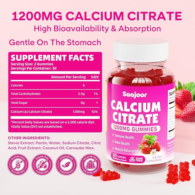 2 Pack Calcium Citrate Gummies 1200 mg - High Absorption Calcium for Strong Bones, Muscles & Immune Support - Vegan, Non-GMO, Natural Strawberry Flavor, 120 Count