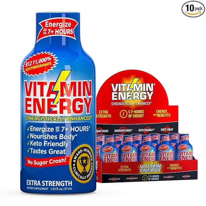 Vitamin Energy B12 11,000% Extra Strength Energy Shot Açaí Pomegranate 10 Pack, 260mg Natural Caffeine, B12 & B6, Nootropic Focus, Vitality, Zero Sugar, Gluten-Free, Vegan, Kosher, 1.93 fl oz