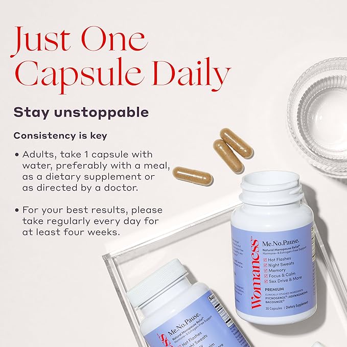 Womaness Me.No.Pause Supplement for Women - Hormone Balance for Women Perimenopause and Menopause - Ashwagandha, Pycnogenol and Bacognize for Hot Flashes, Brain Fog and Mood Hormone Free - 30 Capsules