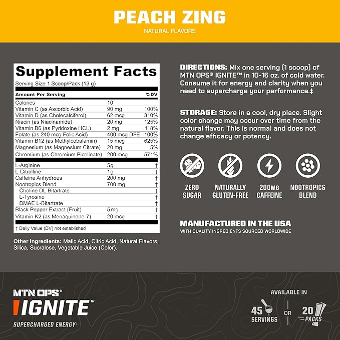 MTN OPS Ignite Sugar Free Energy Drink Powder with 200mg Caffeine, Nootropic Blend for Energy, Focus & Endurance, L Arginine & L Citrulline Pre Workout, 45 Servings, Peach Zing