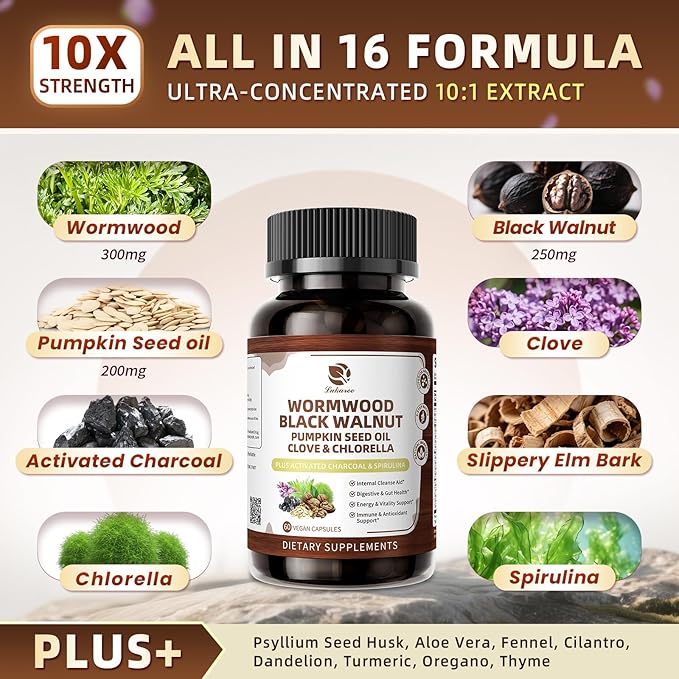 Lukaree Wormwood Black Walnut Cleanse for Human 1200mg – Ultra Gut Cleanse & Digestive Health w/Pumpkin Seed Oil,Clove,Activated Charcoal -10X Concentrated, Men & Women Probiotic Capsules -Vegan,60 CT