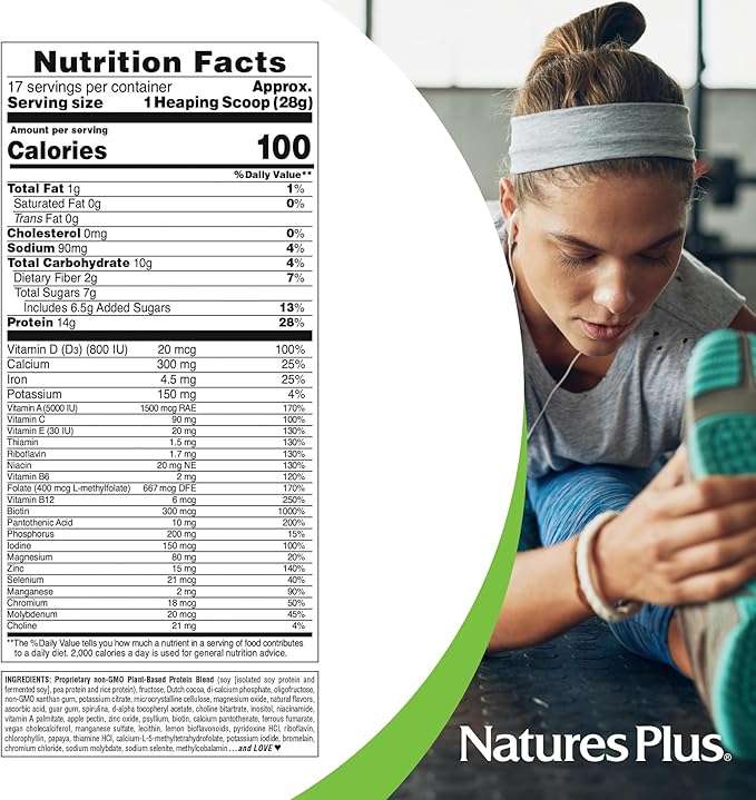NaturesPlus SPIRU-TEIN, Chocolate - 1.05 lb - Plant-Based Protein Shake - Non-GMO, Vegetarian, Gluten Free - 17 Total Servings