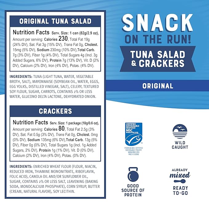 Bumble Bee Snack On The Run! Bulk Protein Snack Packs - Original Tuna Salad and Classic Chicken Salad with Crackers - Ready to Eat Easy-Open Can (Pack of 24)