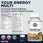 KAL Enhanced Energy Supplements, Once Daily Whole Food Multivitamin for Women and Men, Iron Free, 23 Essential Vitamins, Minerals, Super Foods, Digestive Enzymes, 60-Day Guarantee, 60 Serv, 60 VegTabs