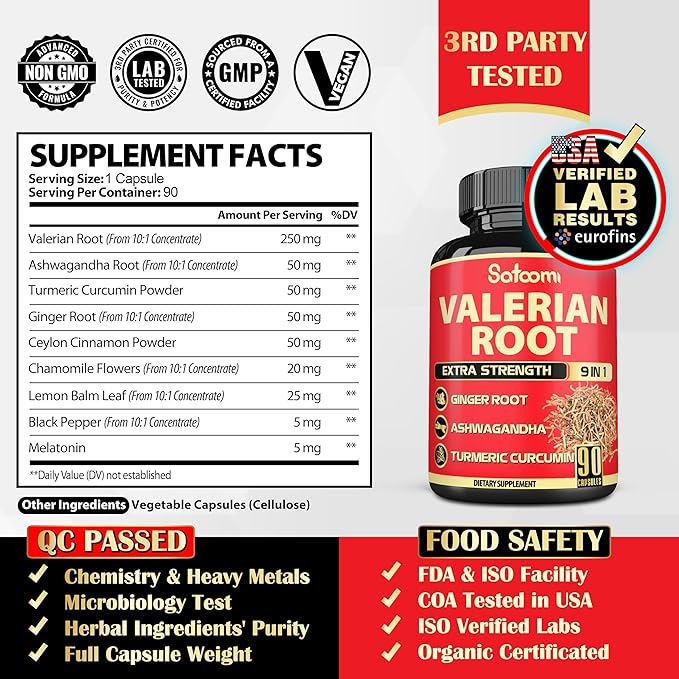 Satoomi Valerian Root Capsules - 9 Natural Herbs - Ashwagandha, Turmeric, Ginger, Ceylon Cinnamon - 90 Caps for 3-Month Supply