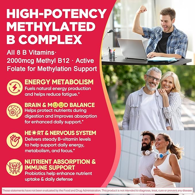 Methylated Vitamin B Complex Gummies for Women & Men, High Dose 2000 mcg Methyl B12, Liposomal Super All B Vitamins Methylfolate, B1, B2, B3, B5, B6, B7, Vitamin C, Choline for Energy, Focus, 60Counts