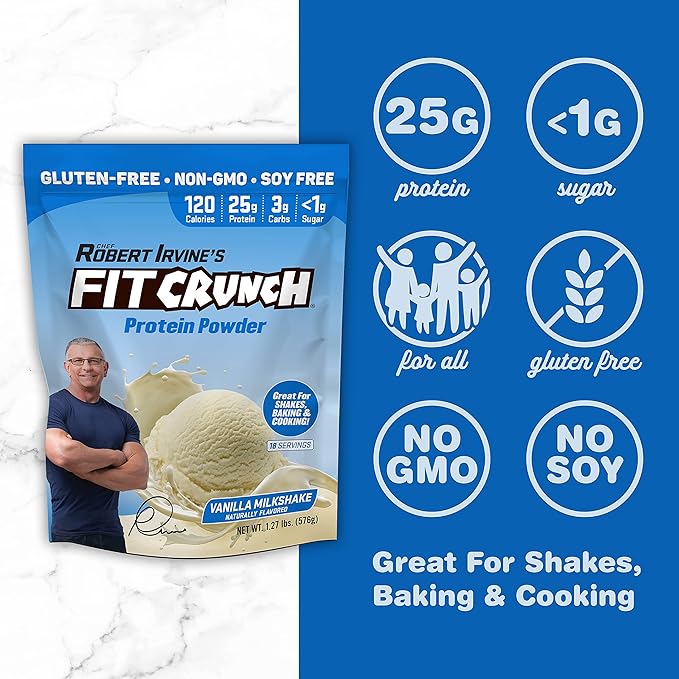 Fit Crunch Tri-Blend Whey Protein, Keto Friendly, Low Calories, High Protein, Gluten Free, Soy Free (18 Servings, Vanilla Milkshake)