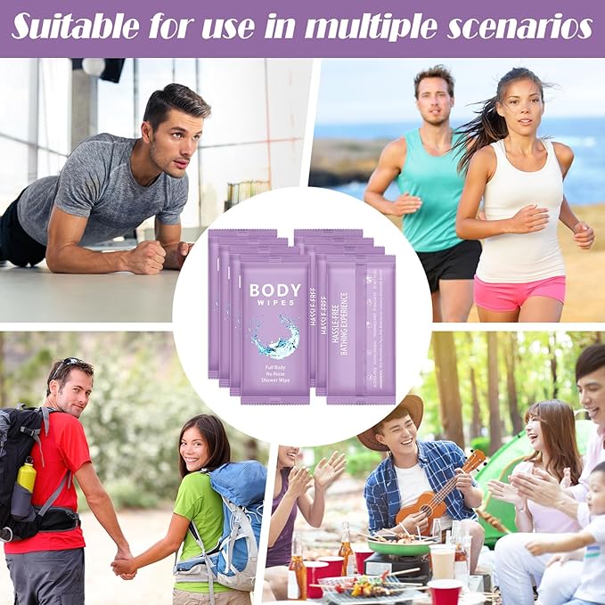 Treela 300 Pcs Large Body Wipes Bulk Deodorant Travel Size for Homeless Care Package Supplies Individually Wrapped Adults Bathing No Rinse Wet Wipes Men Women Hygiene Items(7.09" X 9.84",Purple)