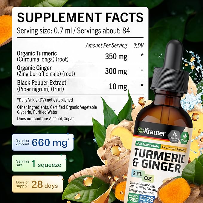 BIO KRAUTER® Turmeric and Ginger Supplement - Pure Vegan Liquid Turmeric & Ginger Tincture with Pepper 2 Fl.Oz 28 Days of Supply - Curcumin Drops for Joint Support, Antioxidant & Immune Support