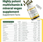 Vegan Vitality Multivitamins & Minerals for Women and Men with High Strength Vitamin B12, D3 & K2. 180 Vegan Multivitamin Tablets - 6 Months Supply. Vitamins for Vegans. Women Multivitamin