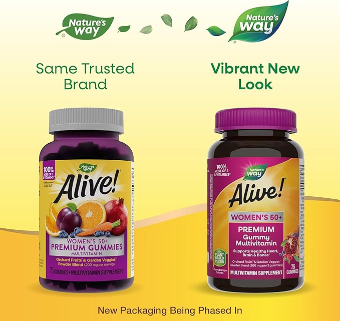 Nature's Way Alive! Women's 50+ Premium Gummy Multivitamin Supplement, Supports Heart, Brain & Bones*,B-Vitamins,Vegetarian,Grape&Cherry Flavored Gummy Vitamins,75 Gummies Packaging Vary,(Pack of 2)