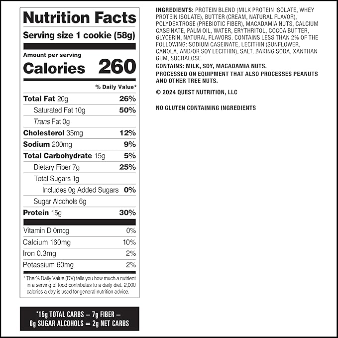 Quest Nutrition White Chocolate Macadamia Cookie, 15g Protein, 1g Sugar, 2g Net Carbs, Keto Friendly, High Protein, Low Carb; 12 Count (Pack of 2)
