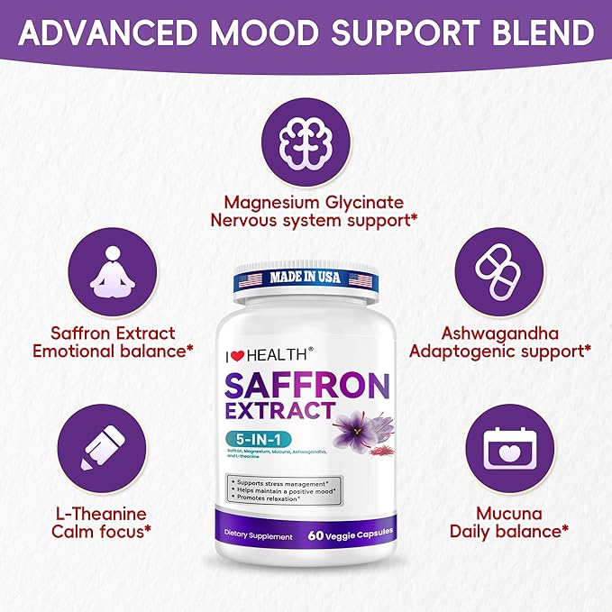 Saffron Supplement – 88.5mg with Magnesium Glycinate, Ashwagandha & L-Theanine for Stress Relief, Calm Mood & Emotional Balance – Made in USA – 60 Capsules