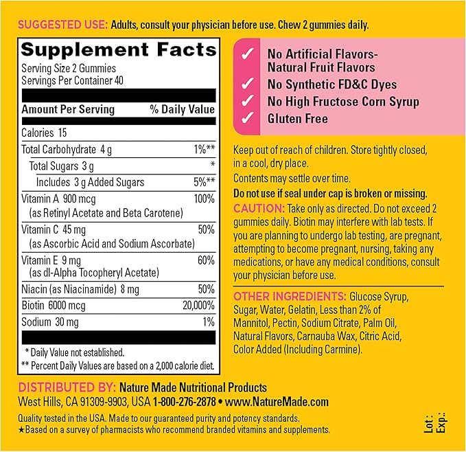 Nature Made Advanced Hair Skin and Nails Gummies, Biotin, Pro Retinol A, Niacinamide, Vitamin C & Vitamin E, 80 Gummies, 40 Day Supply