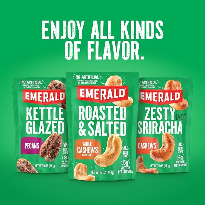 Emerald Nuts Roasted and Salted Cashews 7ct (1-Pack), 100-Calorie Individual Packs, Plant-Based Protein, Kosher Certified, Non-GMO, Contains No Artificial Preservatives, Flavors or Synthetic Colors