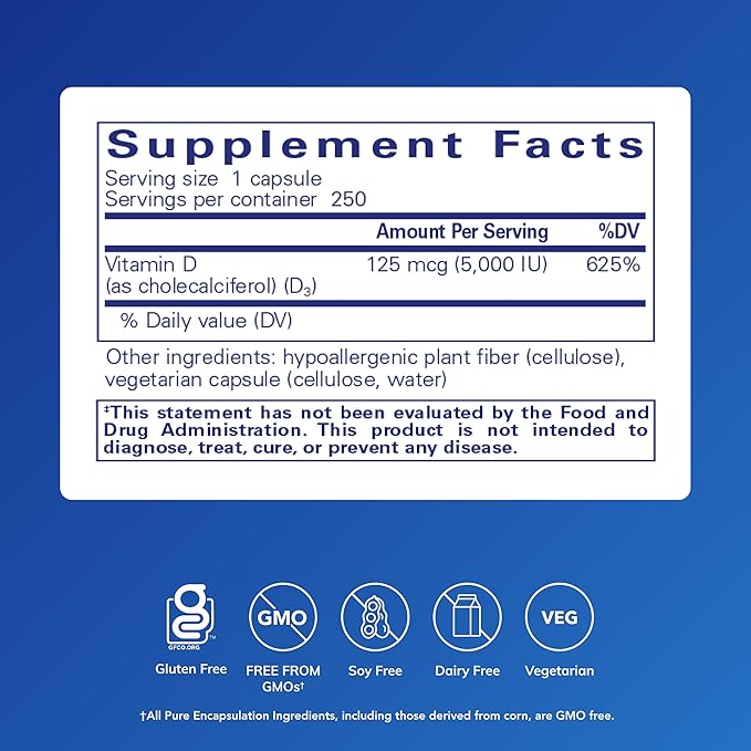Pure Encapsulations Vitamin D3 125 mcg (5,000 IU) - Supplement to Support Bone, Joint, Breast, Heart, Colon, and Immune Health* - with Vitamin D - 250 Capsules