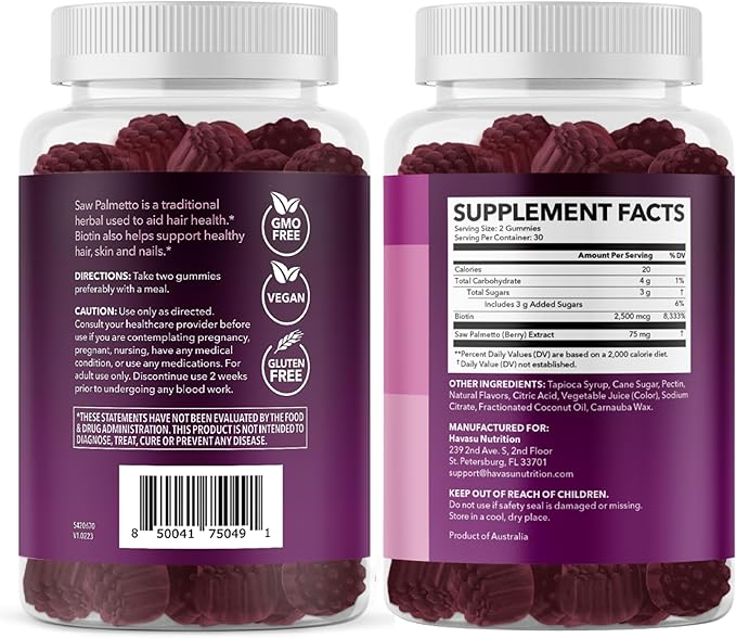 Saw Palmetto for Women with 2500mcg Biotin - DHT Blocker and Hair, Skin, Nail Health Gummies - 60 Count - Supports Stronger and Fuller Looking Locks and Radiant Skin - Vegan, Non-GMO, 1 Month Supply