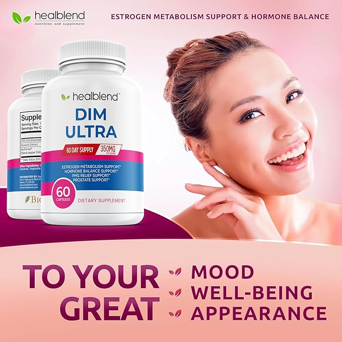 healblend DIM Ultra Dietary Supplement 350mg with Bioperine, Diindolylmethane, Estrogen Metabolism Support, Hormone Balance & PMS Relief, 60 Capsules