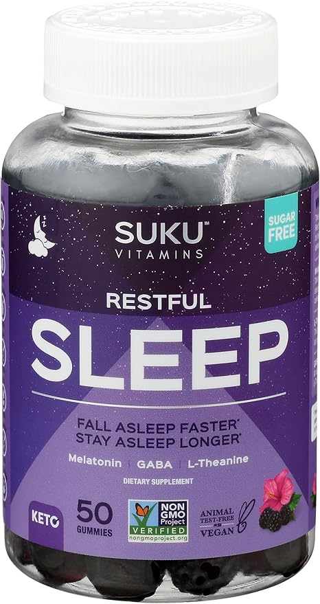 SUKU Restful Sleep Gummies – 3 mg Melatonin, L-Theanine & GABA – Vegan, Sugar-Free Chewable for Relaxation & Natural Sleep Support – BlackBerry-Hibiscus Flavor – Non-GMO, Gluten-Free – 50 Count