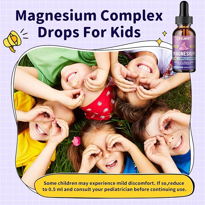 Kids Magnesium Liquid Drops-Magnesium Glycinate Liquid for Kids Supplement-w/L-theanine, Omega-3, Vitamin B6, D3 - for Sleep, Relaxation, Brain, Bones - Mixed Berry Flavor, 4 Fl Oz